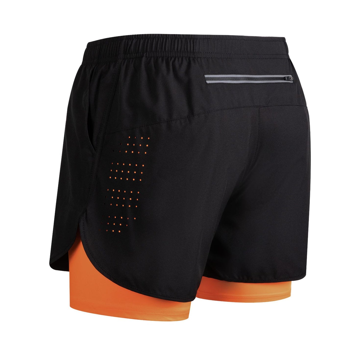 Men's black and orange running shorts with reflective zipper pocket and ventilation holes