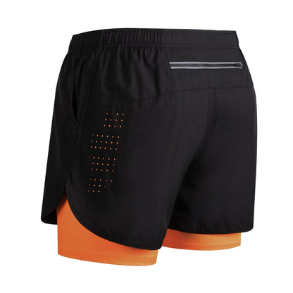 Men's black and orange running shorts with reflective zipper pocket and ventilation holes