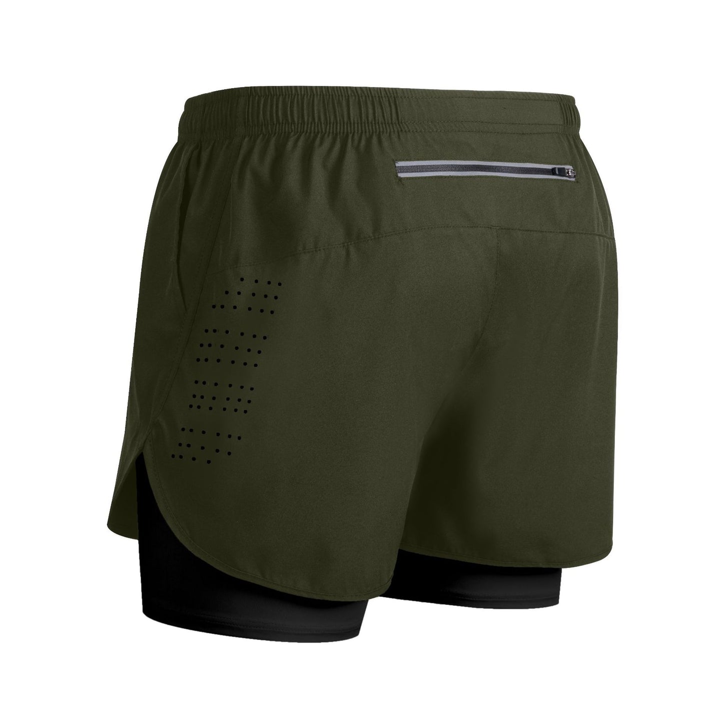 Olive green men's running shorts with built-in black compression liner and reflective zippered pocket