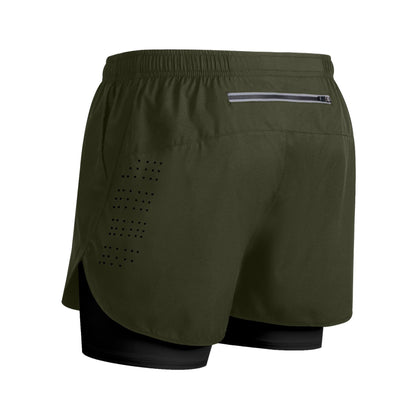 Olive green men's running shorts with built-in black compression liner and reflective zippered pocket