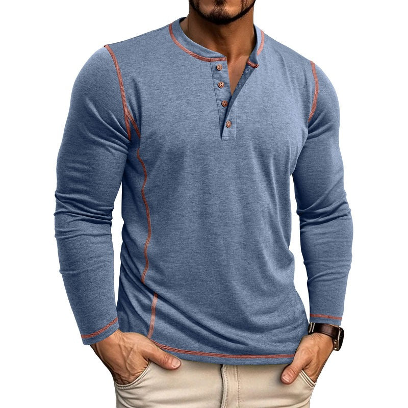 Men's blue henley long sleeve shirt with brown contrast stitching and button placket
