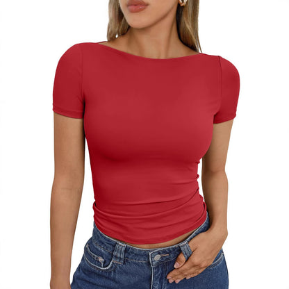 Slim Fit Tops - Round Neck Short Sleeve Polyester Pullover For Street Fashion