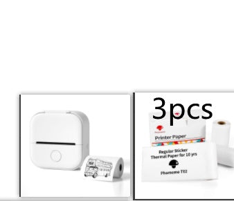 Compact white thermal label printer with rolls of regular sticker thermal paper for Phomemo T02, 3-piece set