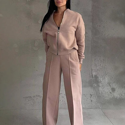 Women's Sports Suits Zipper Jacket Set With Wide Leg Pants - Polyester Activewear