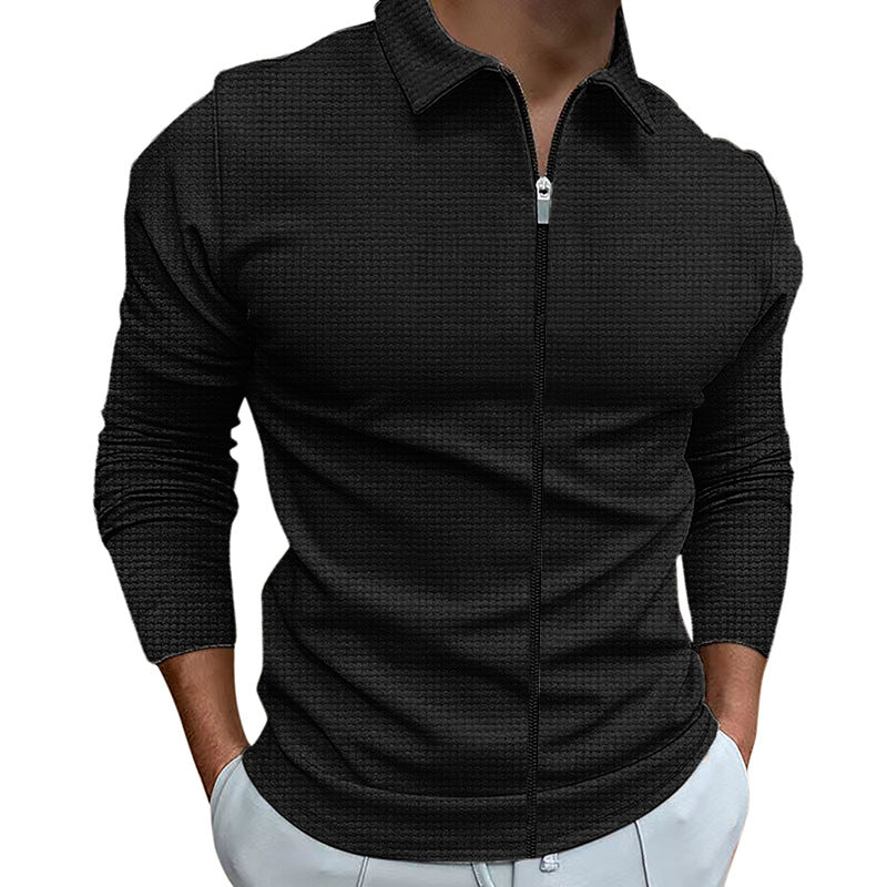 Men's Zipped Jacket Waffle Style Slim Fit Outdoor Sports Top With Lapel Collar
