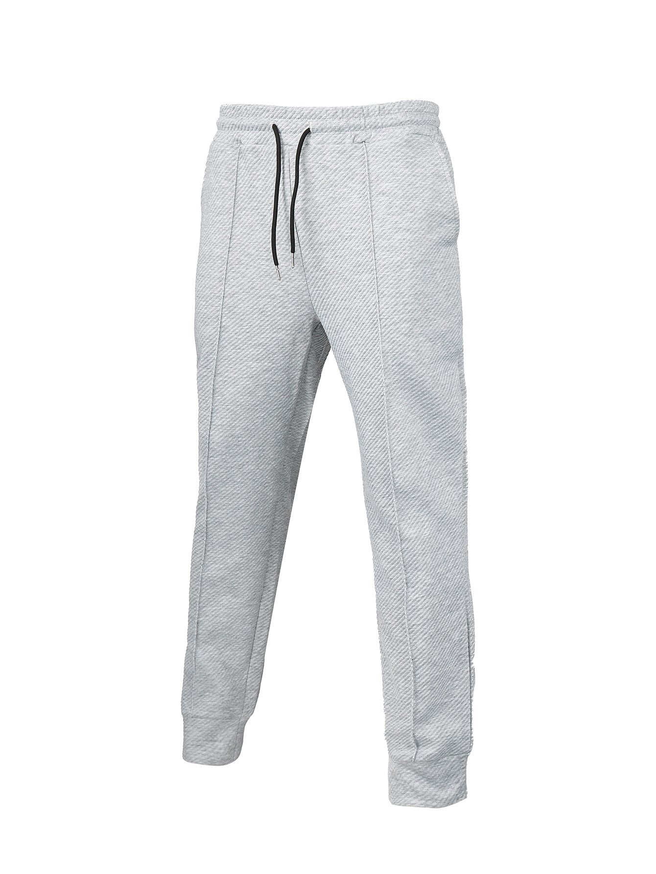 Light gray textured jogger pants with black drawstrings and side pockets