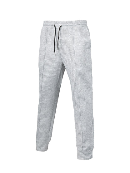 Light gray textured jogger pants with black drawstrings and side pockets