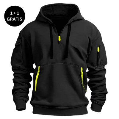 Black hoodie with yellow zippers on front pockets and sleeve, half-zip pullover, 1+1 gratis offer