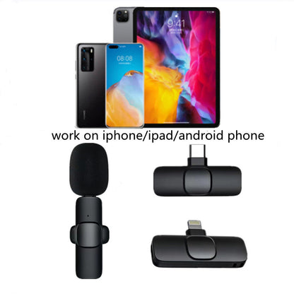 Compact black microphone with adapters for iPhone, iPad, and Android phones shown with devices