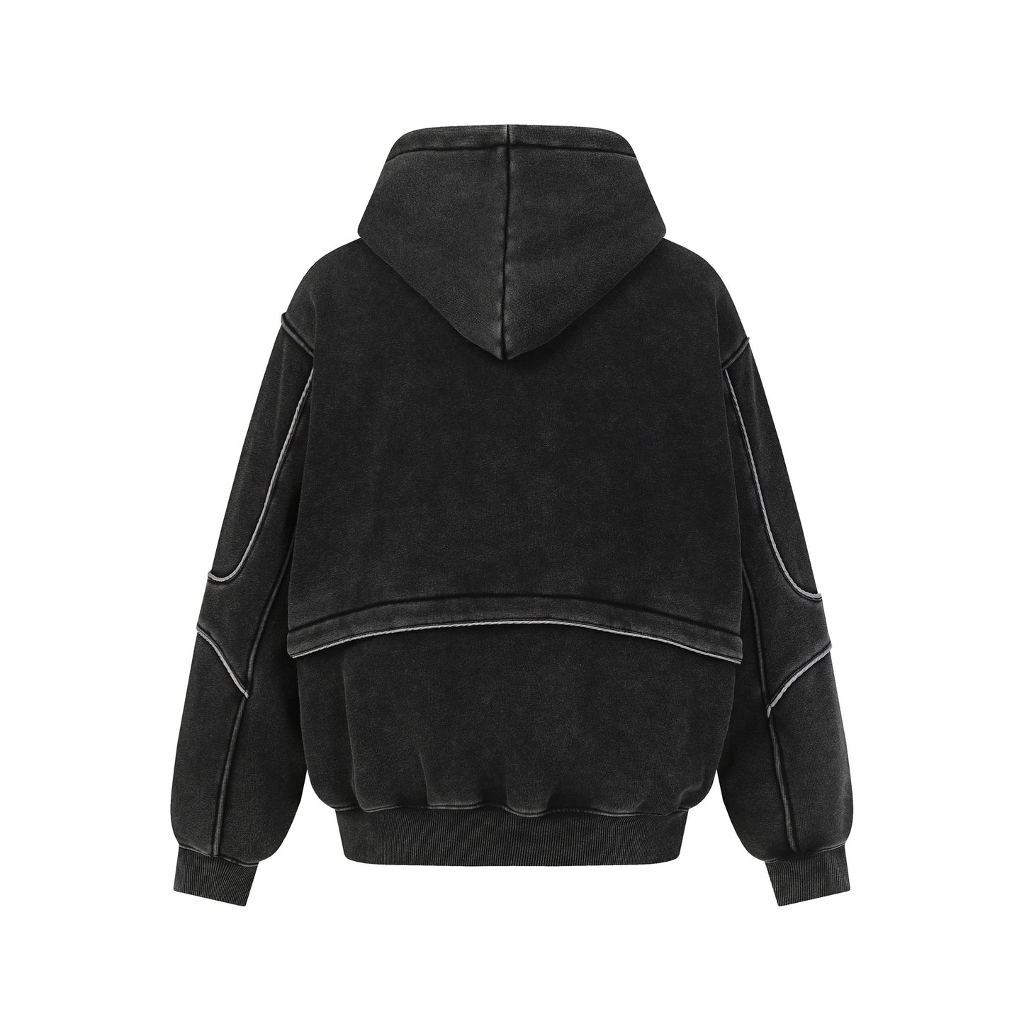 Back view of black oversized hoodie with seam details and ribbed cuffs on white background