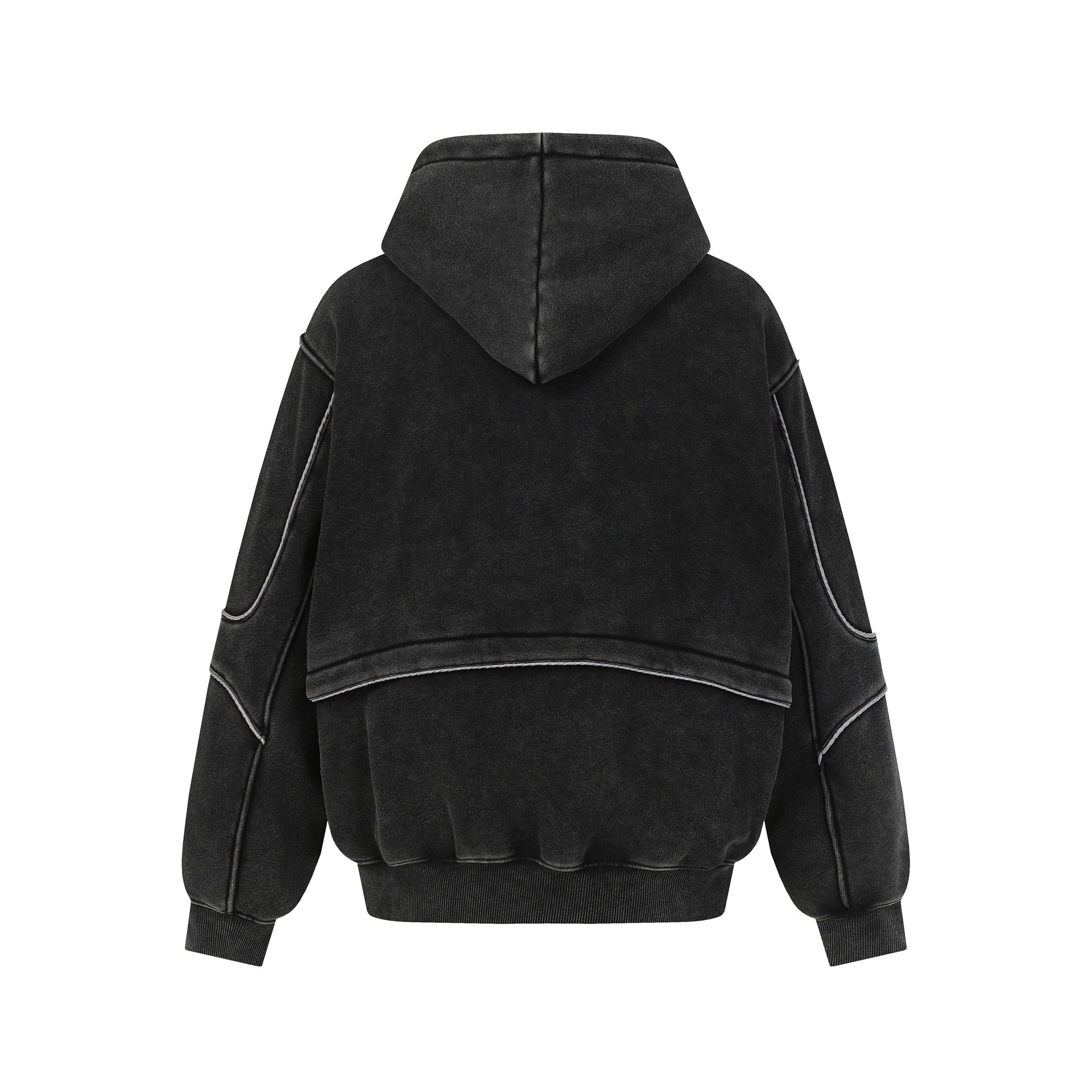 Back view of black oversized hoodie with seam details and ribbed cuffs on white background