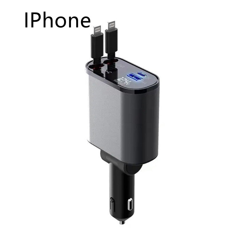 Car charger adapter with dual USB ports and two lightning cables for iPhone charging