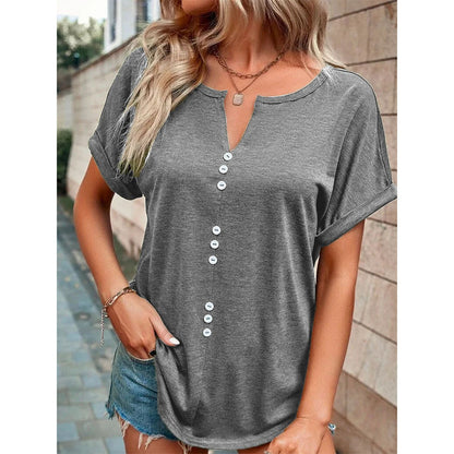 V Neck Blouse - Summer Tops With Button Design & Loose Fit Shirt