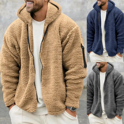 Men's casual zip-up sherpa fleece hoodies in beige, navy, and gray with pockets and relaxed fit