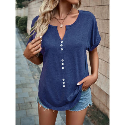V Neck Blouse - Summer Tops With Button Design & Loose Fit Shirt