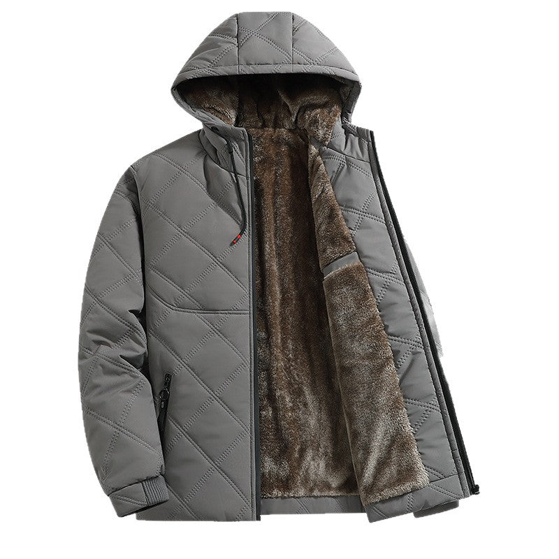 Gray quilted hooded winter jacket with soft brown fleece lining and zippered pockets