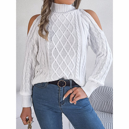Women's Cold Shoulder Pullover - High Neck Long Sleeve Lightweight Sweater Top