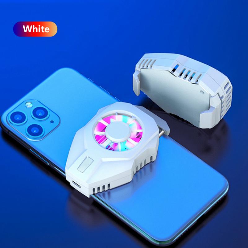 White phone cooler fan with LED lights attached to blue smartphone on reflective surface