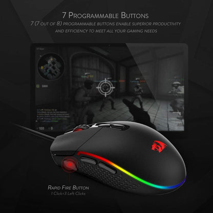 Black RGB gaming mouse with 7 programmable buttons and rapid fire button highlighting, esports game background