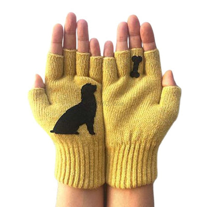 Yellow fingerless knit gloves with black dog silhouette and bone appliqué accents