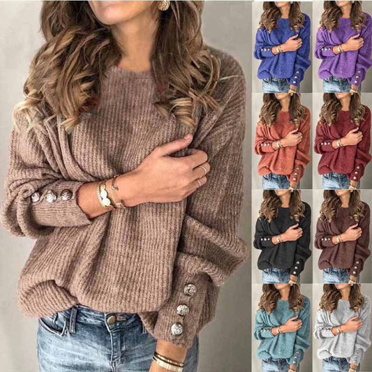 Long Sleeve Knit Shirt - Round Neck Button Knit Tee | Loose Fit Cotton Blend