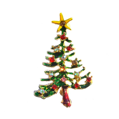 Green enamel Christmas tree brooch with multicolored rhinestones and a yellow star on top