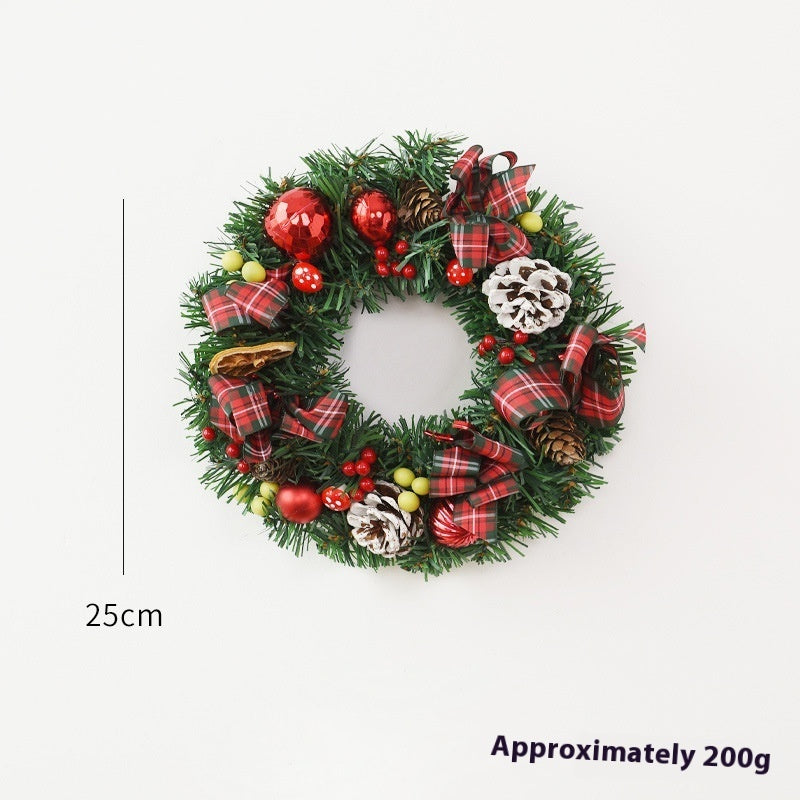25cm Christmas wreath with pinecones, red baubles, plaid ribbons, and berries on white background