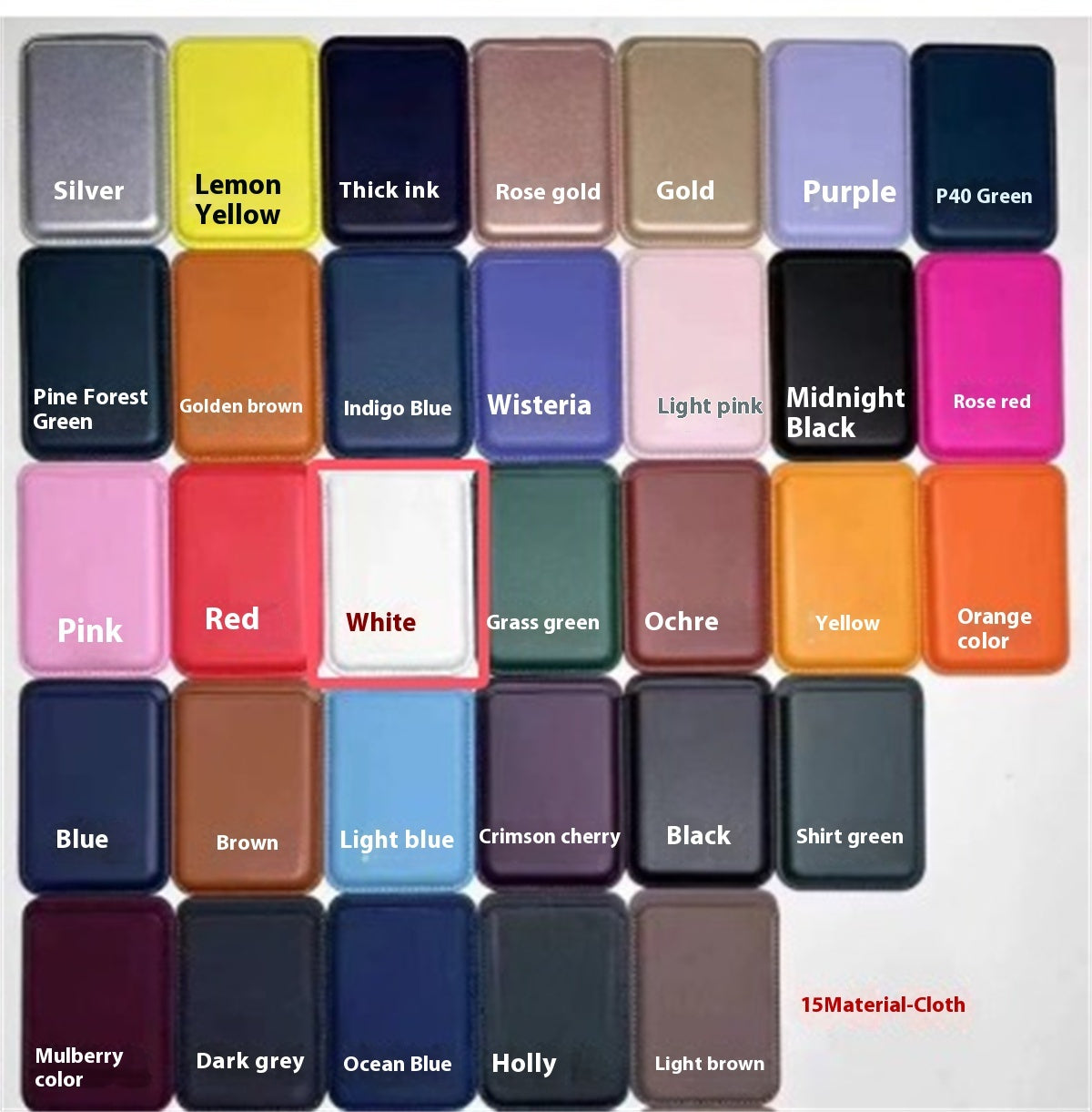 Color fabric swatches chart showing 30 textile shades with labels including silver, lemon yellow, rose gold, gold, purple, pine forest green, golden brown, indigo blue, wisteria, light pink, midnight black, rose red, pink, red, white, grass green, ochre, yellow, orange, blue, brown, light blue, crimson cherry, black, shirt green, mulberry, dark grey, ocean blue, holly, light brown