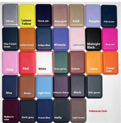 Color fabric swatches chart showing 30 textile shades with labels including silver, lemon yellow, rose gold, gold, purple, pine forest green, golden brown, indigo blue, wisteria, light pink, midnight black, rose red, pink, red, white, grass green, ochre, yellow, orange, blue, brown, light blue, crimson cherry, black, shirt green, mulberry, dark grey, ocean blue, holly, light brown