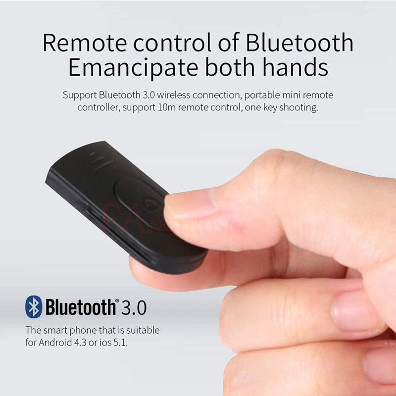 Hand holding a small black Bluetooth 3.0 remote control with one-button shooting for Android and iOS phones