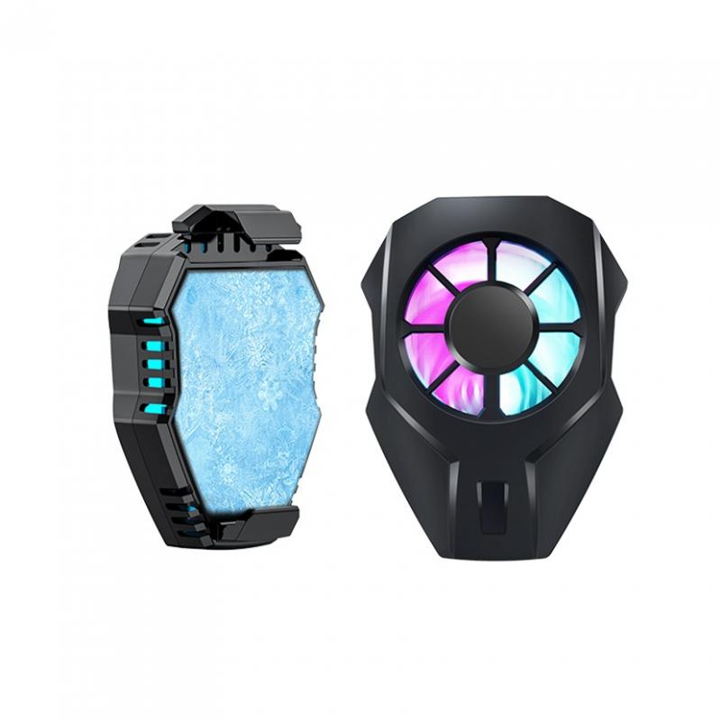 Black smartphone cooler with blue ice surface and RGB LED cooling fan for gaming phones