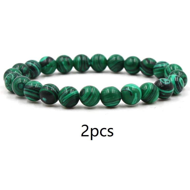 Malachite Bracelets - Elastic Strand Jewelry With Black Matte Green Beads