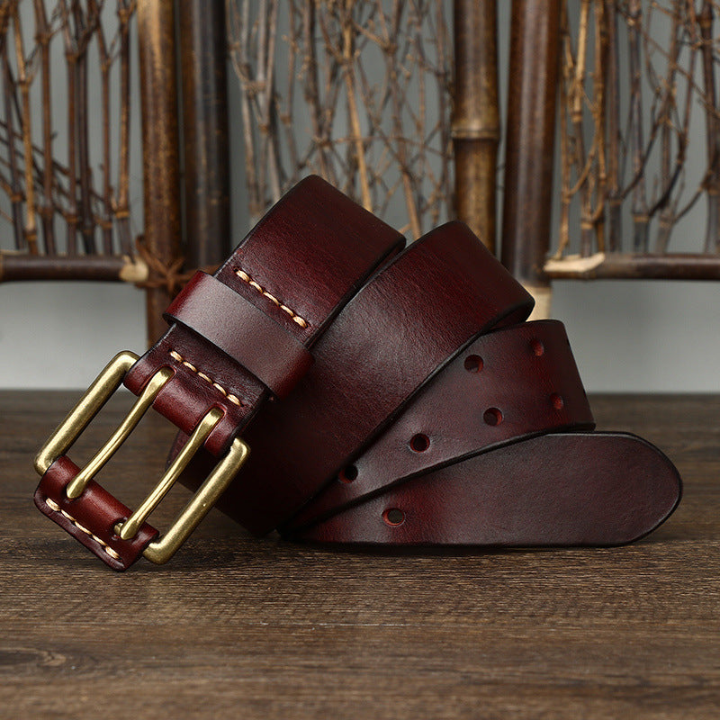 Vintage Leather Belt – Handmade Cowhide Brass Buckle Classic Men's Accessory