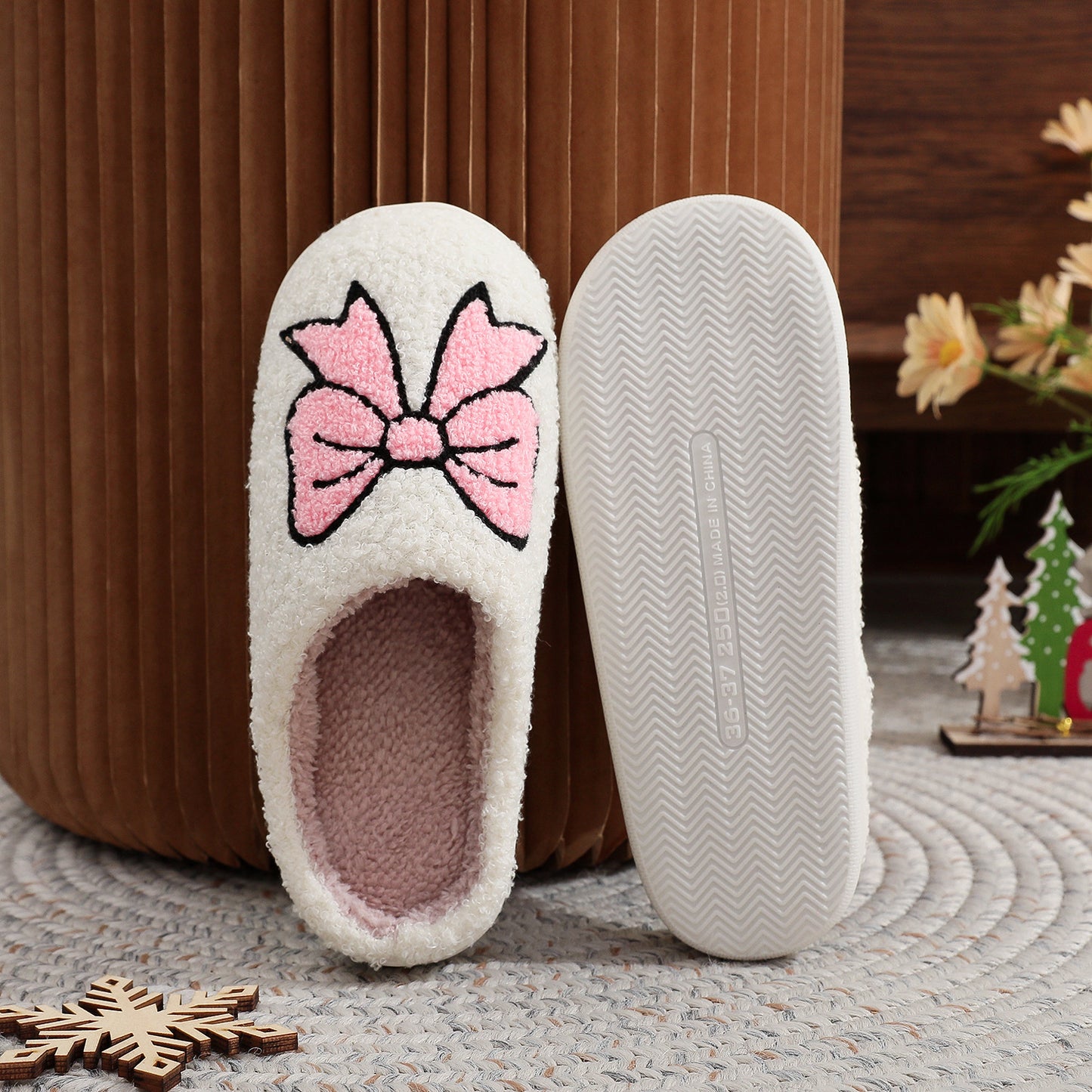 Cotton Slippers Women | Cute Bow Plush Non Slip Indoor Shoes With Soft Wool