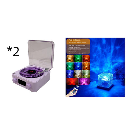 Purple mini turntable vinyl player with transparent cover plus RGB color changing cube lamp with remote
