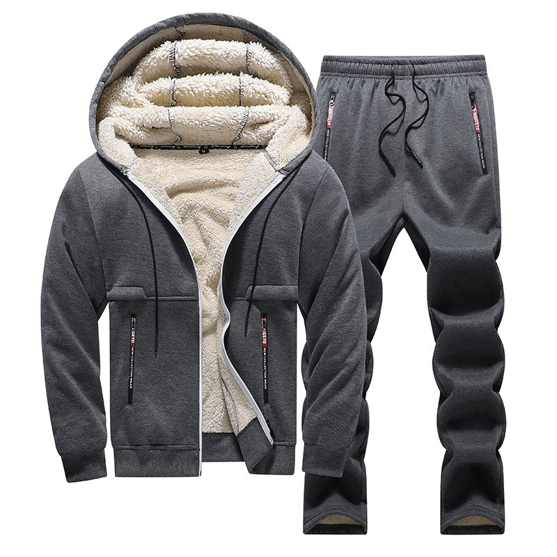 Men's Fleece Tracksuit – Thickened Hooded Long Sleeve Jogging Suit in Dark Gray