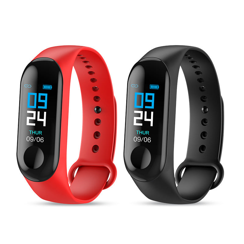 Red and black fitness tracker smartwatches with digital time, date, and battery display on white background