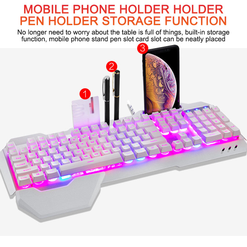 White gaming keyboard with pink and blue LED backlight featuring built-in mobile phone, pen, and card holders