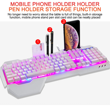 White gaming keyboard with pink and blue LED backlight featuring built-in mobile phone, pen, and card holders