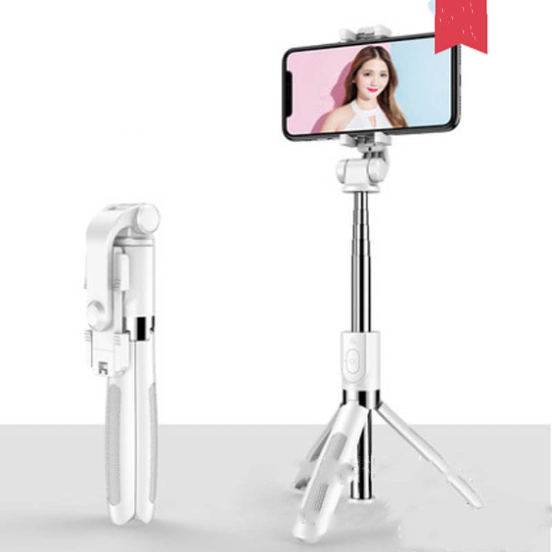 White portable selfie stick tripod with smartphone mount, shown folded and extended with phone