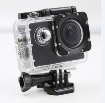 Compact action camera in clear waterproof case with mounting bracket on white background