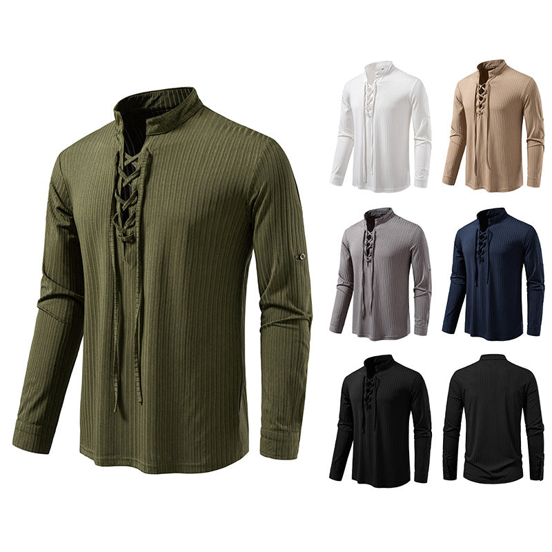 Men's Long Sleeve T-Shirt - Casual Drawstring Pullover Slim Fit Tee for Large Size