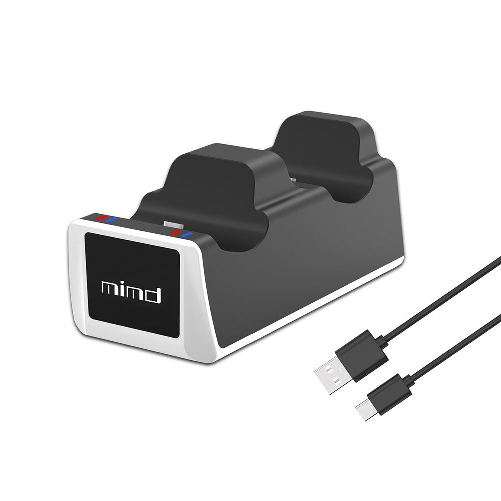 Black and white dual charging dock with USB-C cable and mimd logo on front