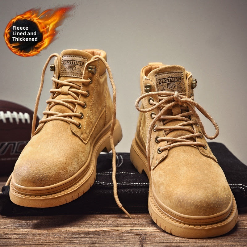Tan fleece-lined thickened boys boots with laces on wooden surface and black fabric