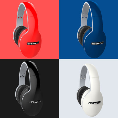 Four wireless Dritmo headphones in red, blue, black, and white on colorful quadrant backgrounds