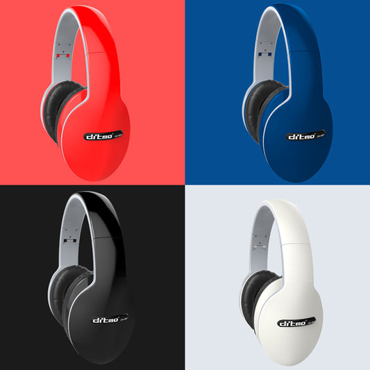 Four wireless Dritmo headphones in red, blue, black, and white on colorful quadrant backgrounds