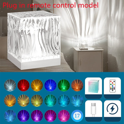 Plug-in LED crystal cube night light with 17 color modes and remote control on bedside table