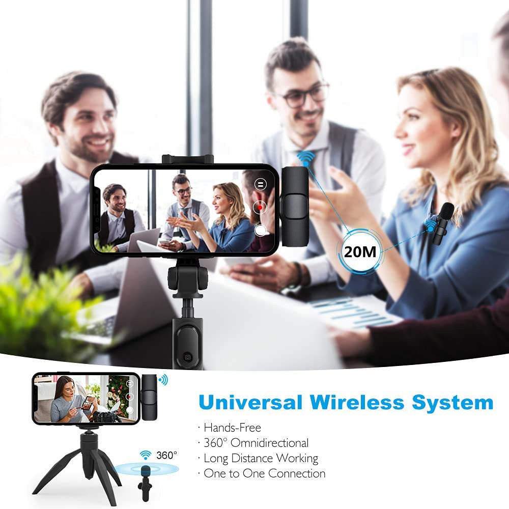 Wireless microphone system recording business meeting with smartphone tripod, hands-free and long distance