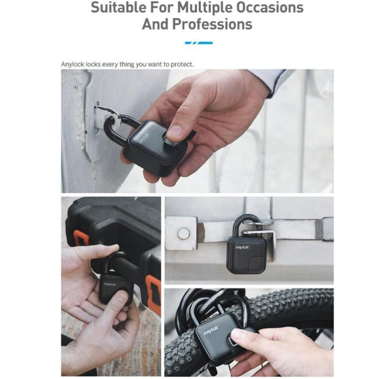 Black Anylock fingerprint padlocks securing doors, storage cases, and bike chains, demonstrating versatile security use