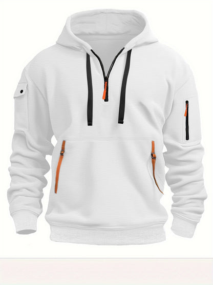 White hooded sweatshirt with black and orange zippers, black drawstrings, and arm pocket